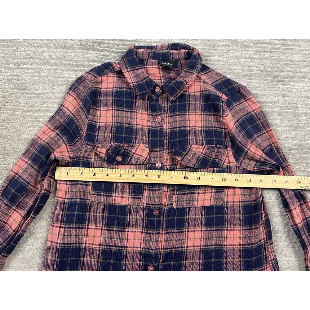 Rue 21 Flannel Top Womens Medium Pink Blue Plaid Longsleeve Western Button Up - Picture 4 of 12